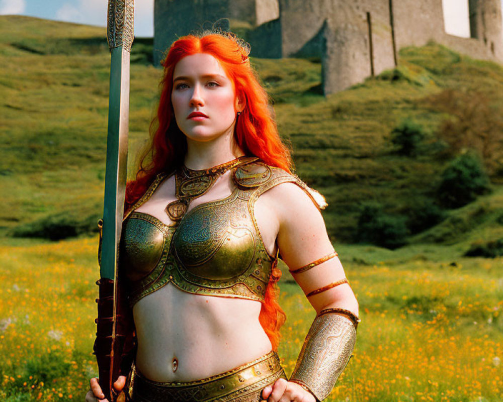 Red-Haired Woman in Medieval Armor with Spear in Grassy Field
