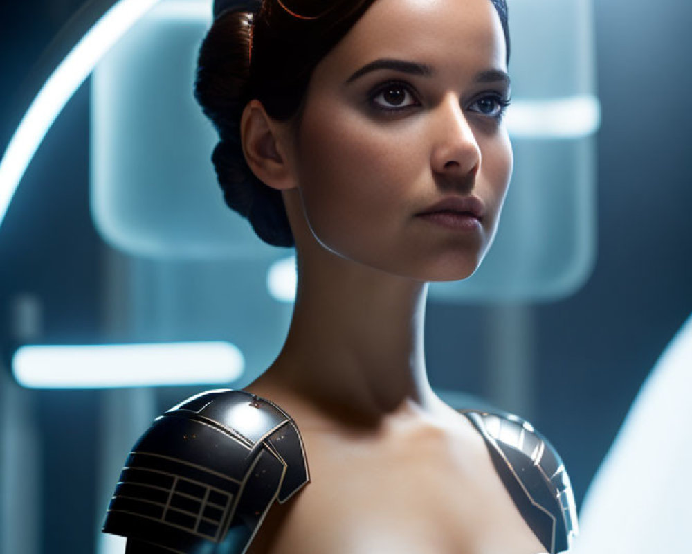 Woman with elegant updo in futuristic armor against neon lights