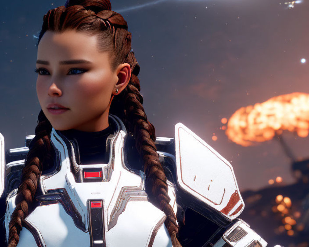Futuristic armored woman with braided hair in cosmic setting