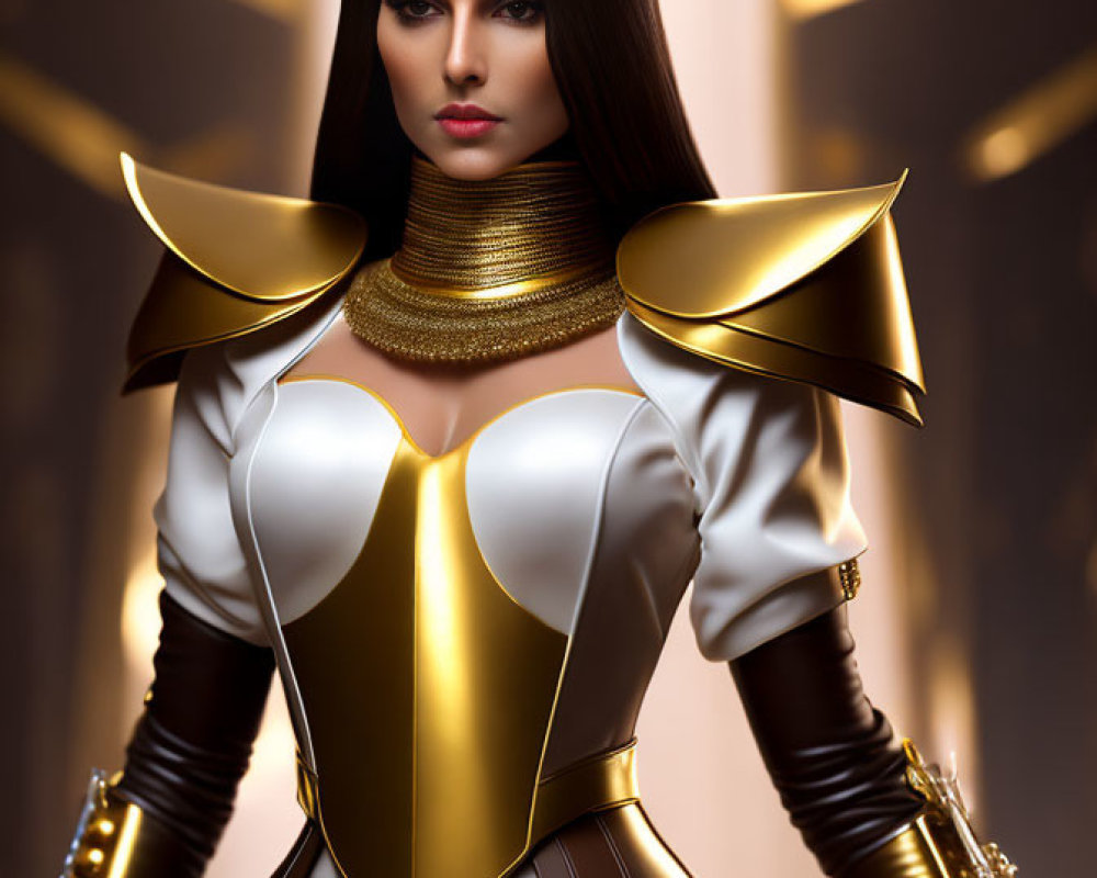 Regal woman in fantasy golden and white armor with horned headpiece