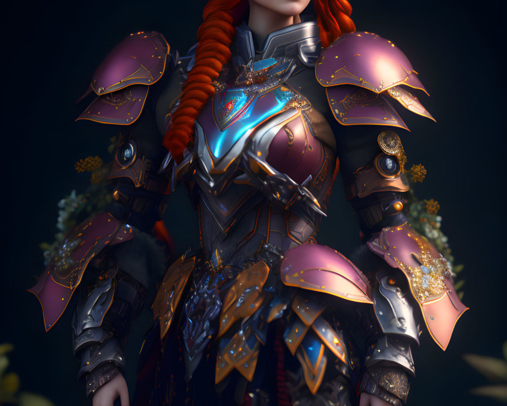 Vibrant red-haired female warrior in blue-glowing armor on dark background