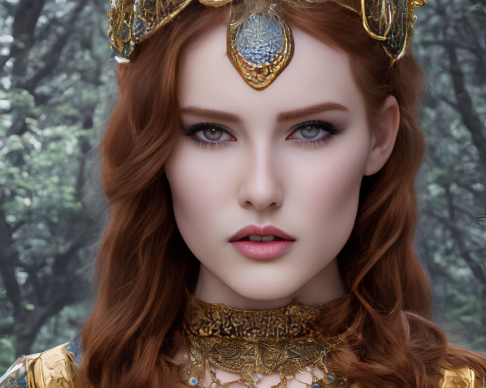 Red-haired woman in golden crown and blue attire gazes forward