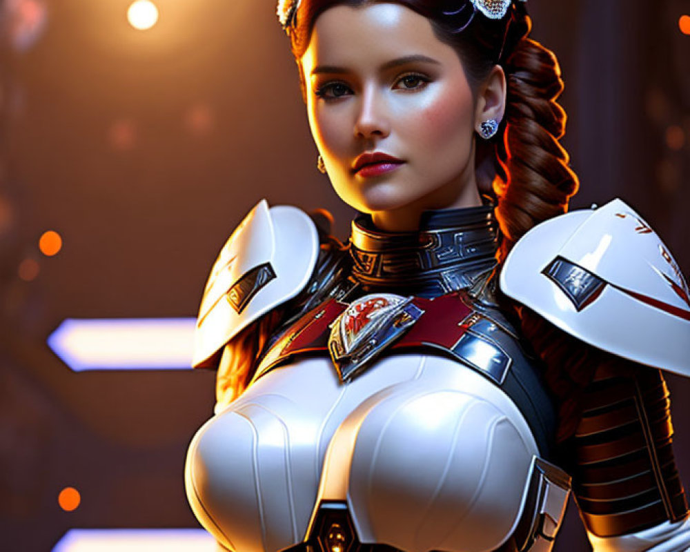 Futuristic woman in intricate white and red armor with braided hair