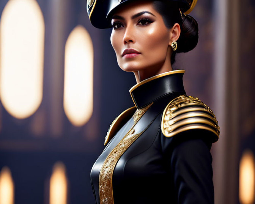 Decorated military-style uniform with gold accents on a confident woman in elegant interior