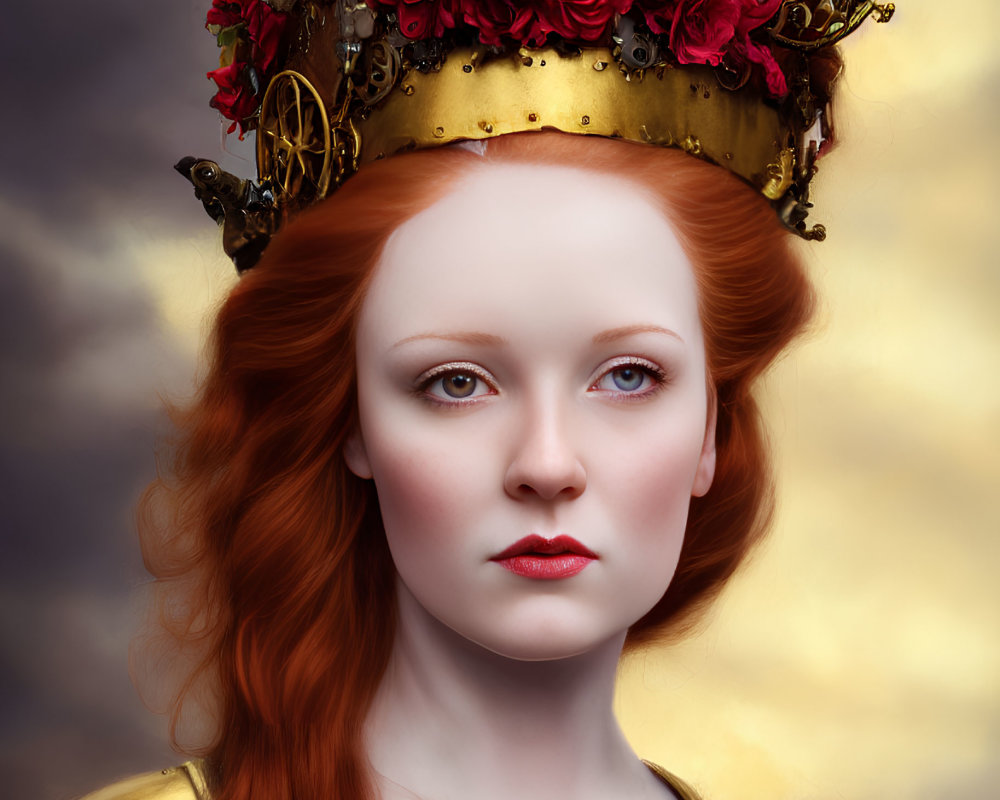 Red-haired woman with golden crown and mechanical elements against cloudy sky