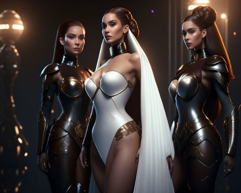 Three women in futuristic armored suits with glowing orb in dimly lit setting