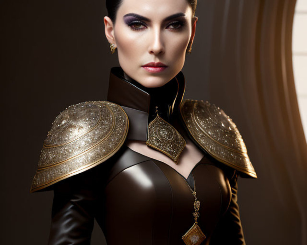 Futuristic warrior woman in black and gold costume with ornate armor