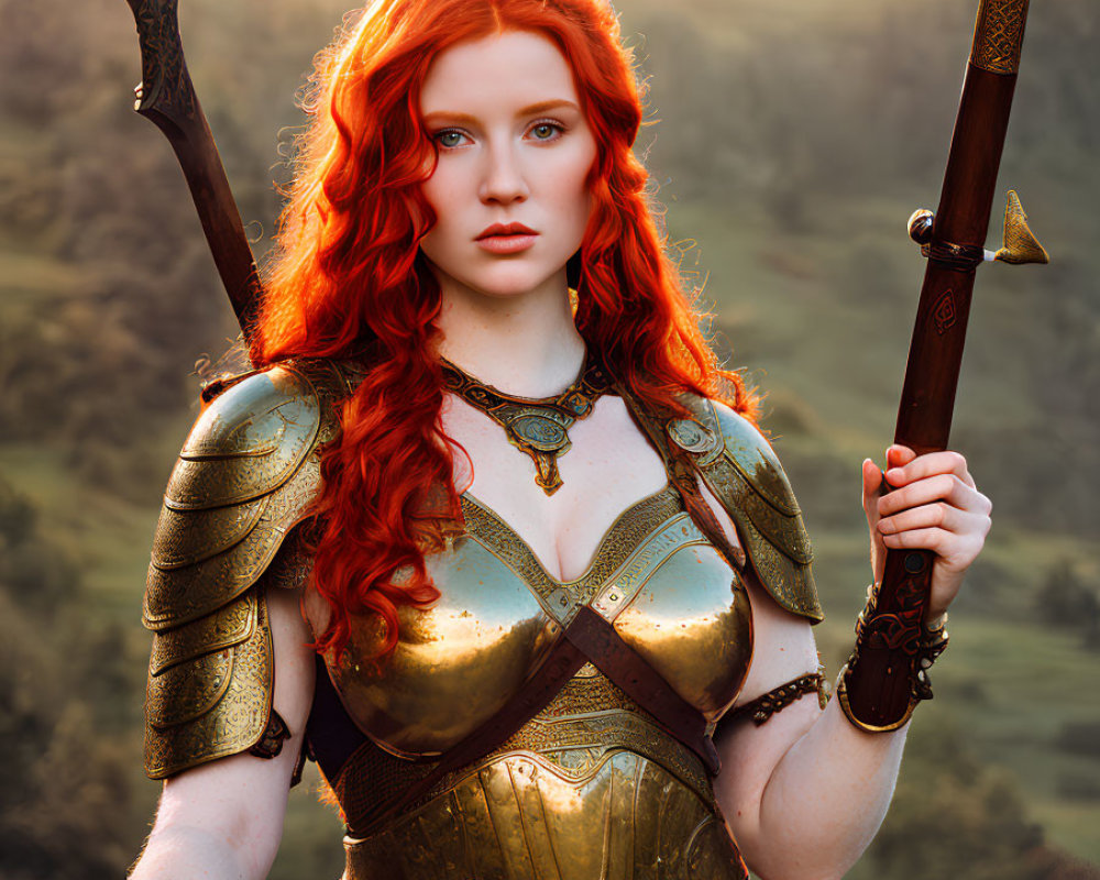 Fantasy armor-clad woman with red hair wields ornate axes in lush landscape