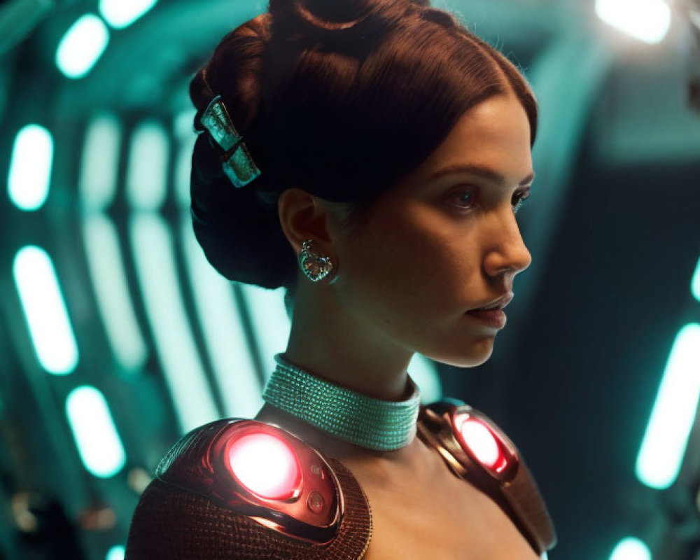Elaborate updo hairstyle and futuristic attire with glowing red shoulder pads in front of circular light structure
