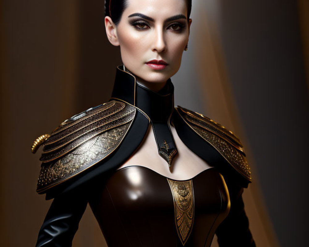 Elaborate Hairstyle Woman in Futuristic Black and Gold Bodice