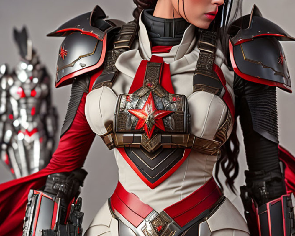 Sci-fi armored woman with red accents and futuristic weapon, blurred figure in background