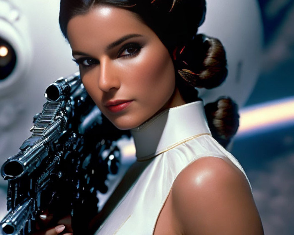 Woman with hair buns in white outfit holding blaster with futuristic spacecraft.