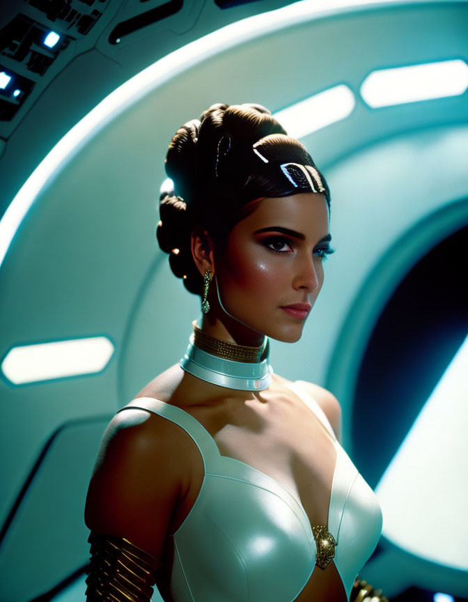 Elaborate futuristic hairstyle on woman in white attire with metallic choker against blue-lit sci-fi
