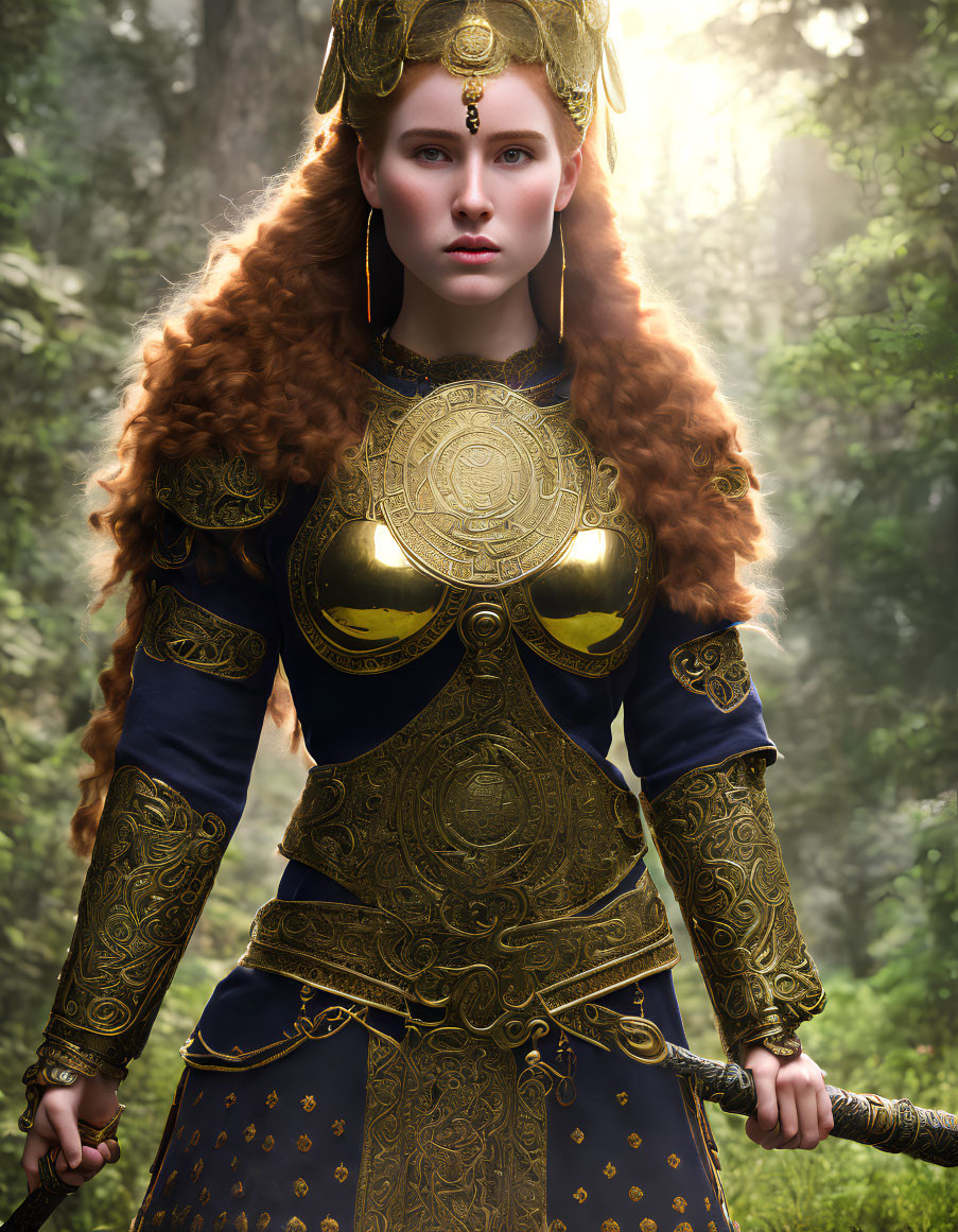 Regal woman in golden crown and medieval armor in misty forest