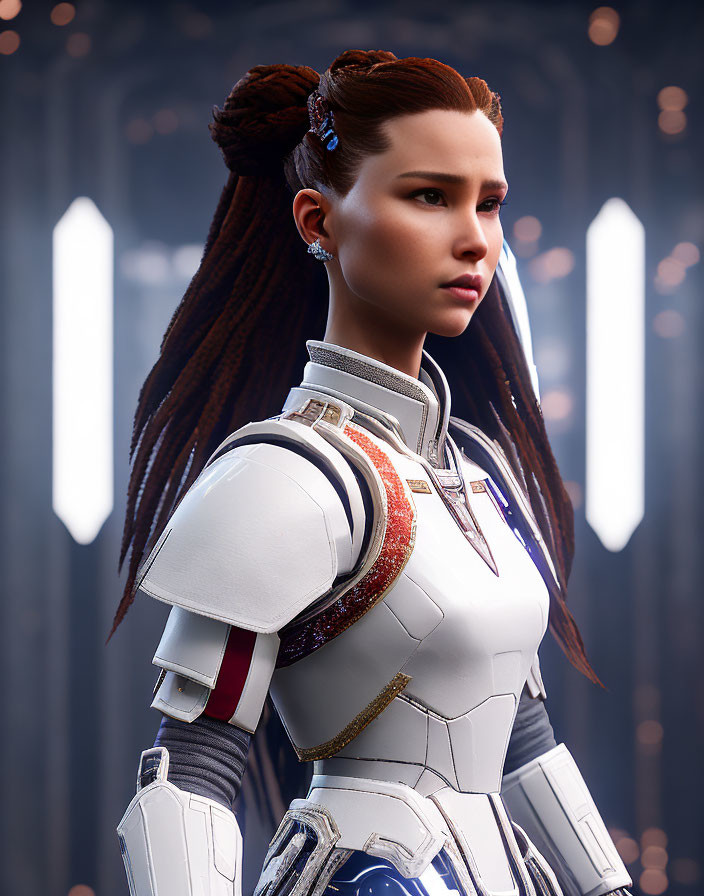 Futuristic female character in white armor with gold and red accents