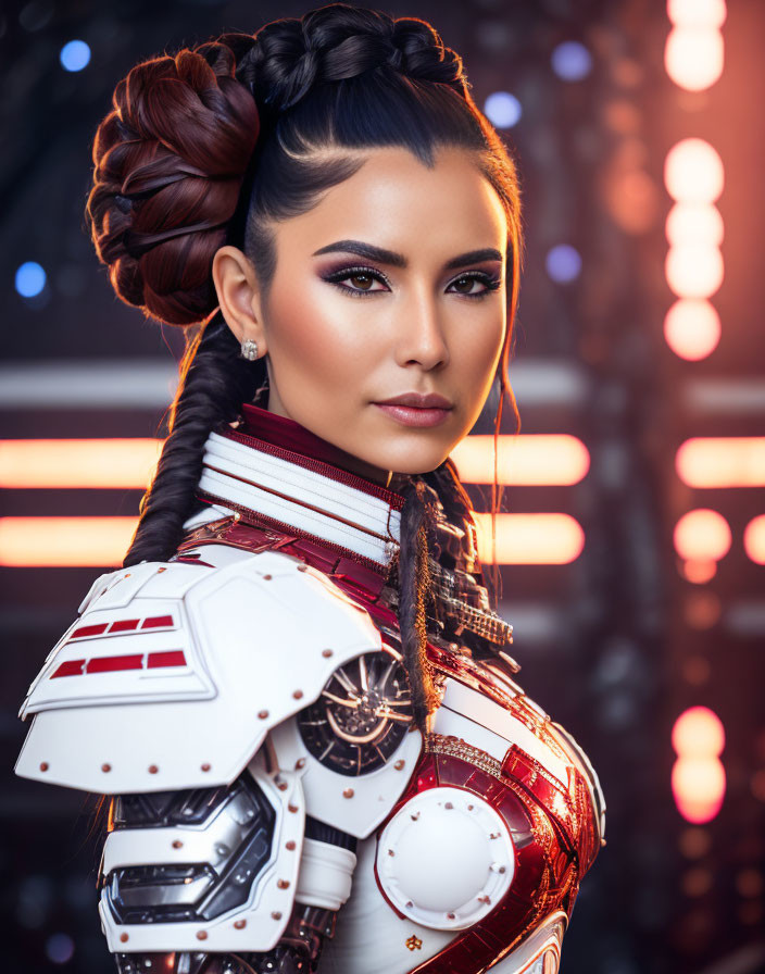Futuristic woman in white and red armor with braided hair and dark makeup poses confidently.