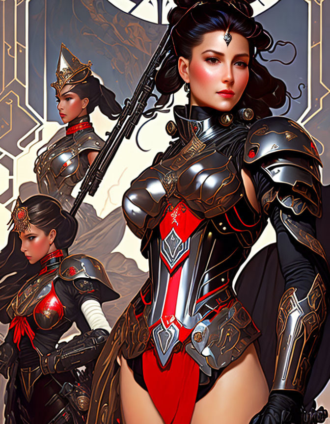 Detailed futuristic woman illustration in ornate armor with metallic and red accents.