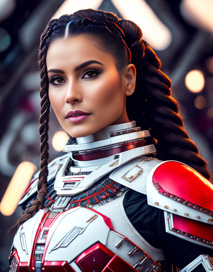 Braided hair woman in red and silver futuristic armor poses confidently