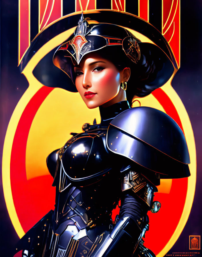 Futuristic armor-clad woman in vibrant red and yellow background