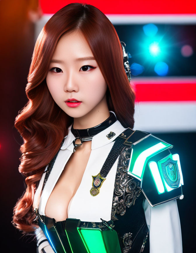 Woman with wavy brown hair in futuristic white-and-green police-style attire posing on red and blue background
