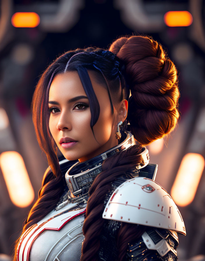 Braided hair woman in futuristic armor with blurred mechanical parts - sci-fi theme