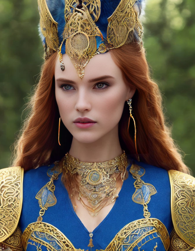 Striking red-haired woman in medieval blue and gold costume