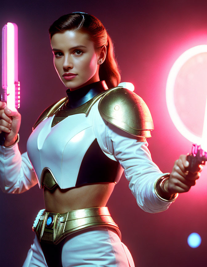 Futuristic woman in white and gold costume with glowing pink saber