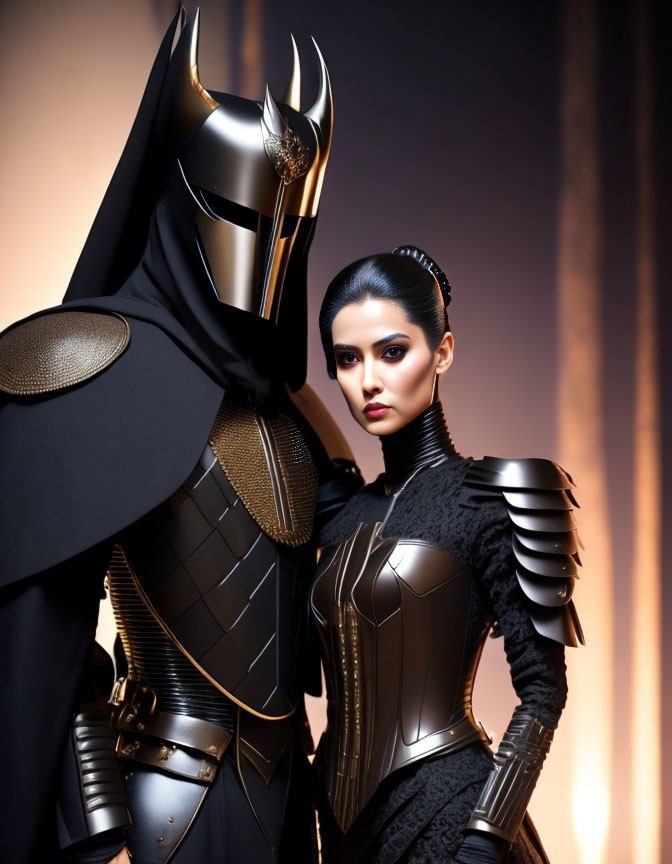Futuristic black and gold armor pose against warm background