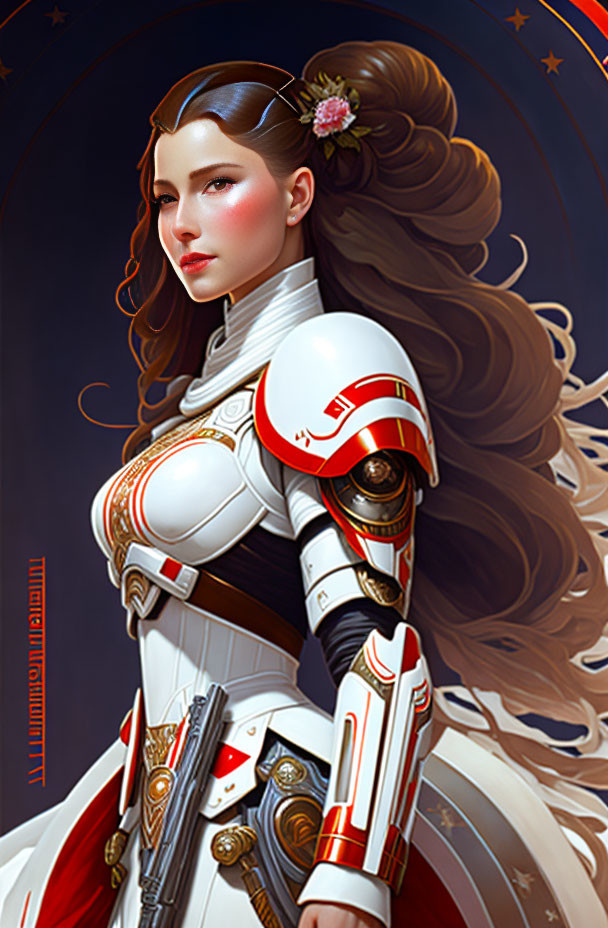Futuristic digital artwork of woman in white and red armor with blaster