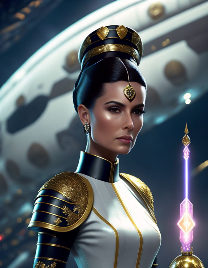 Regal woman in futuristic royal uniform with gold accents and ornate headdress.