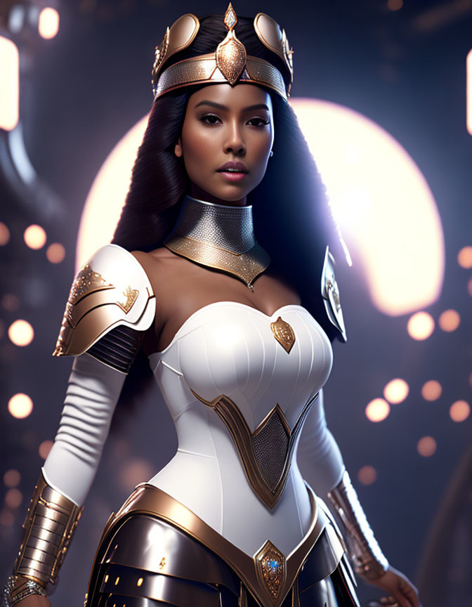 Fantasy armor-clad woman in regal pose with gold accents on bokeh background