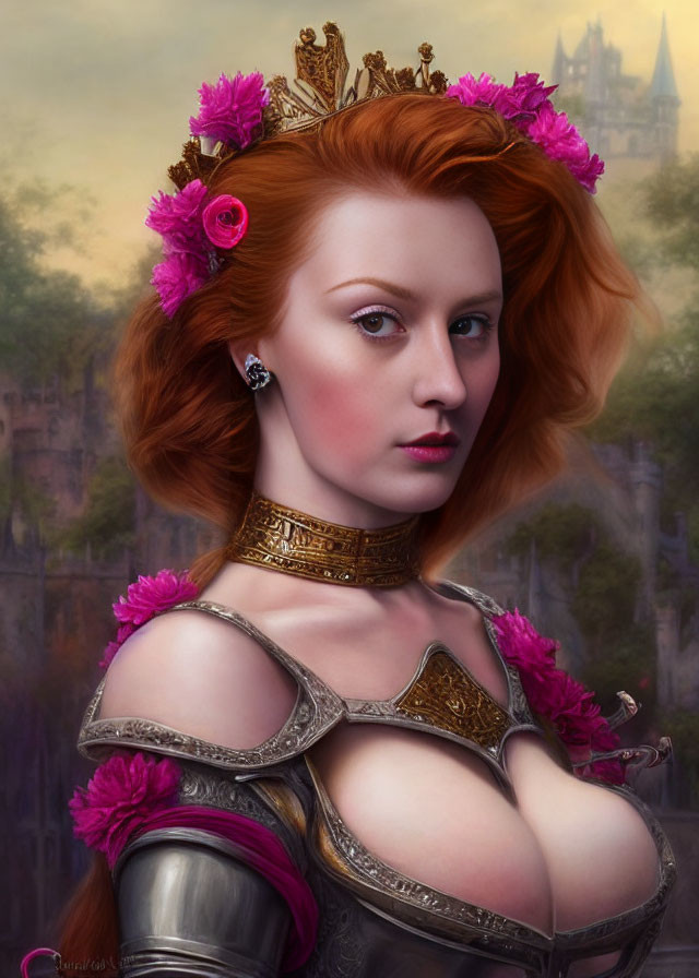Digital artwork: Woman with red hair, crown, medieval armor, floral motifs, castle background