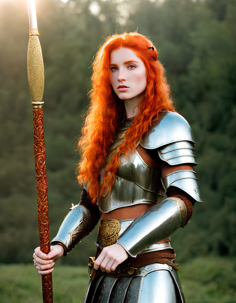 Fiery red-haired woman in medieval armor with spear in sunlit forest.
