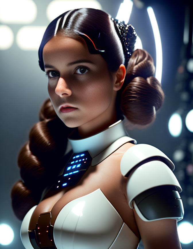 Futuristic woman with elaborate hairstyles in high-tech outfit