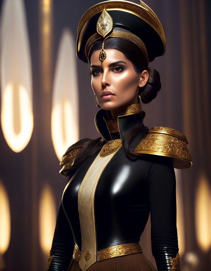 Futuristic military-style uniform with gold accents and embellished cap portrait