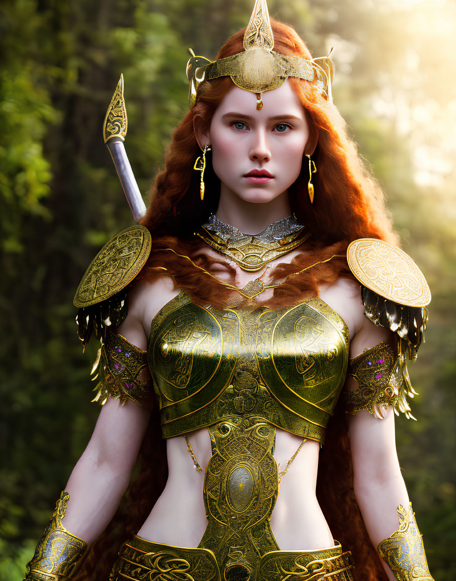 Red-haired woman in golden armor wields sword in forest sunlight.