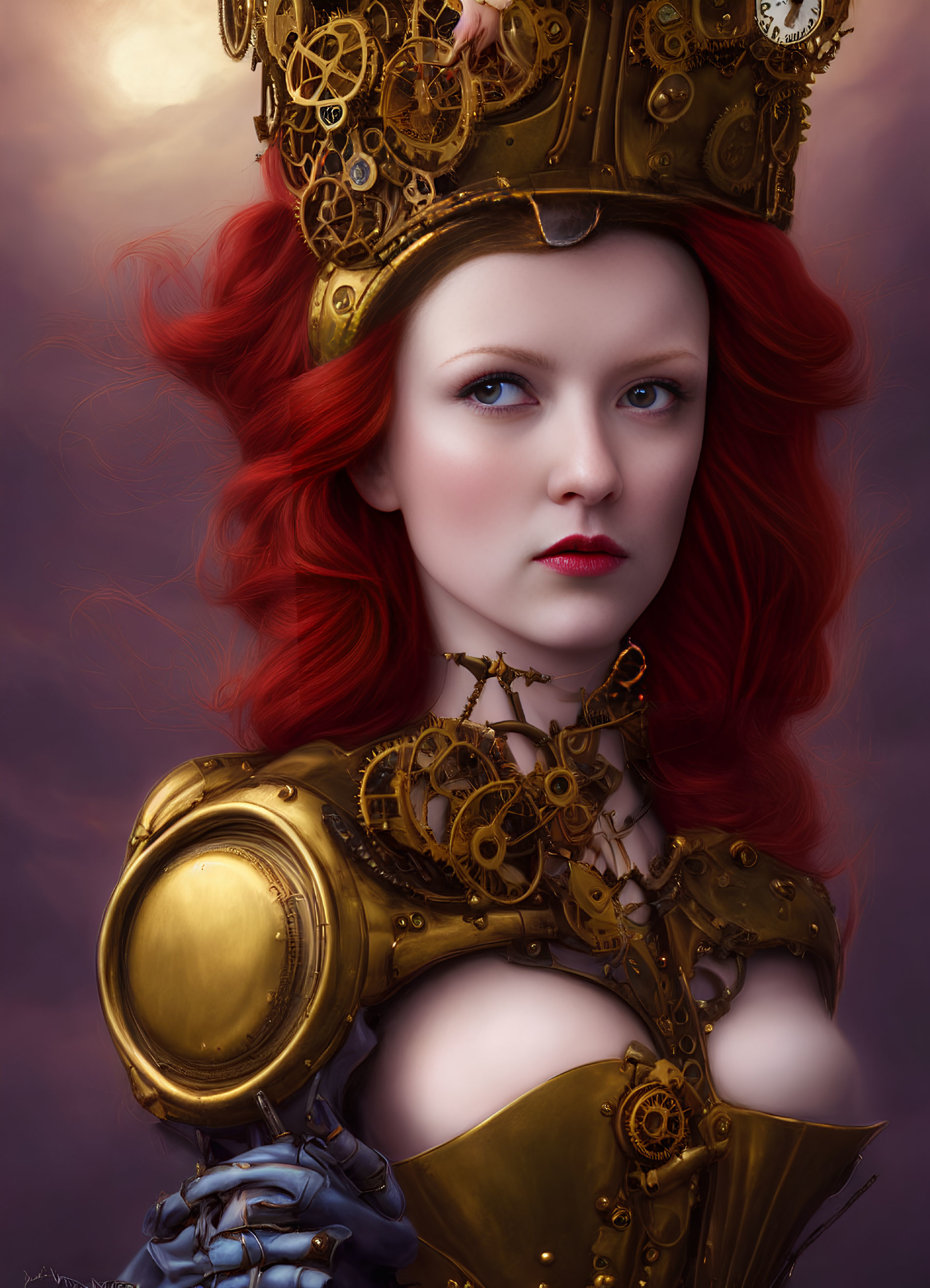 Red-haired woman in steampunk crown and golden armor on purple background