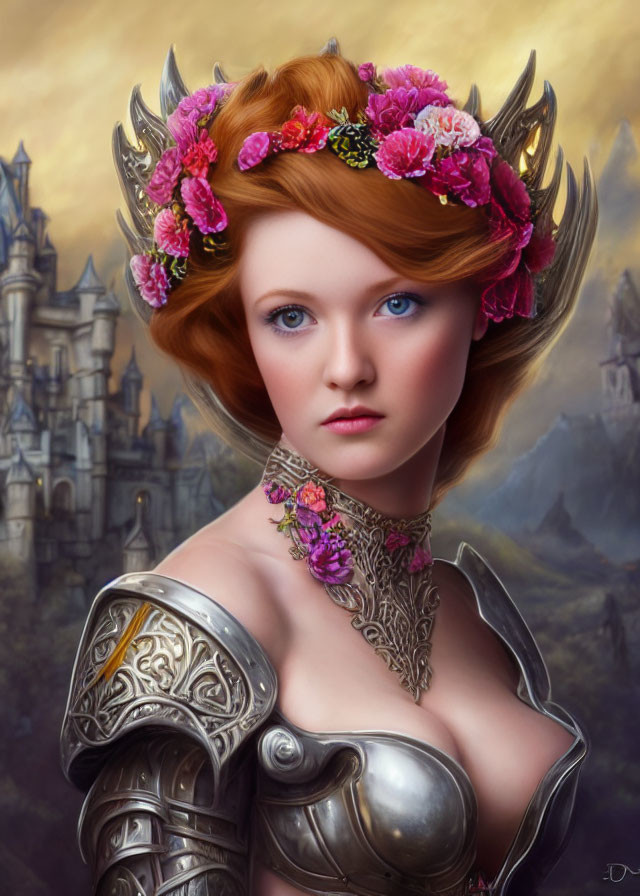 Fantasy portrait of a red-haired woman in floral crown and ornate armor against castle backdrop
