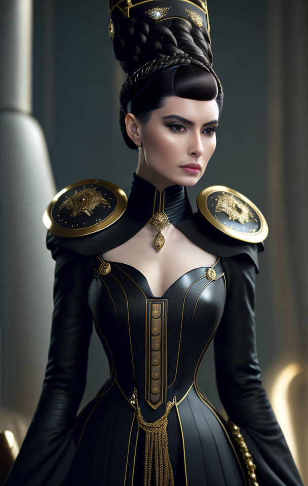 Elaborate Black and Gold Costume with High Collar and Shoulder Pads