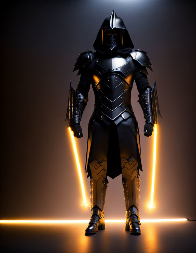 Futuristic knight in black armor with glowing orange swords