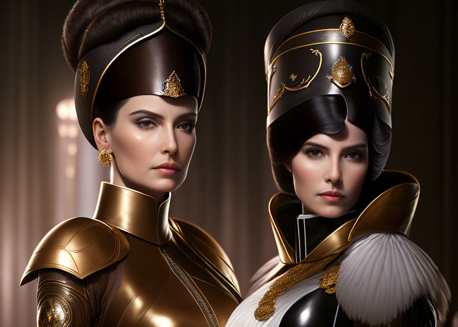 Stylized golden armor women with intricate headdresses