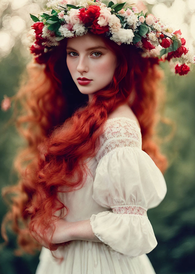 Red-Haired Woman in Floral Crown and Vintage Dress in Nature Setting