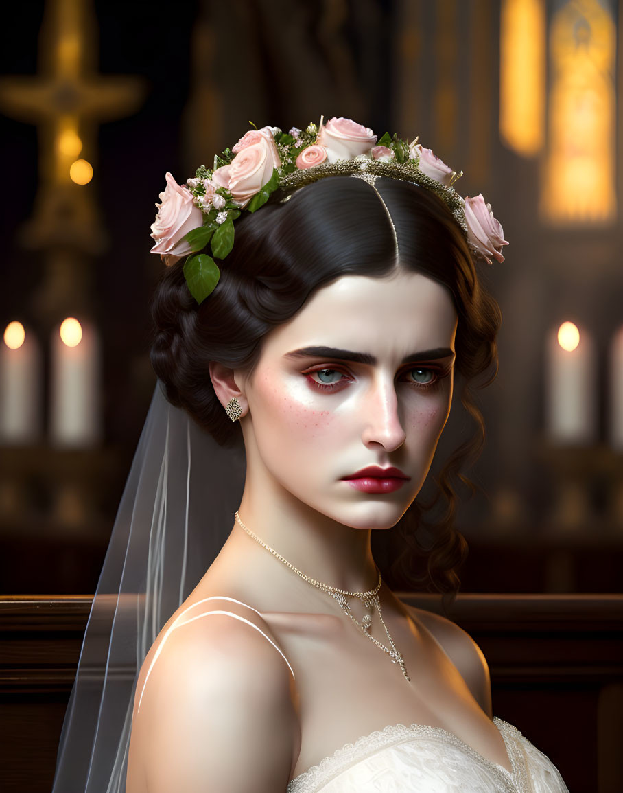 Bride with floral crown and veil, braided dark hair, necklace, in contemplative church setting