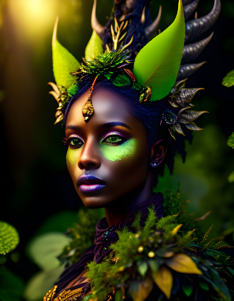 Portrait of Woman with Forest Goddess-Inspired Makeup and Attire