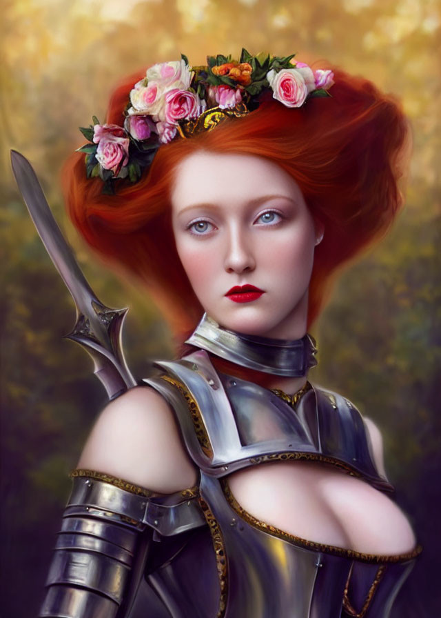 Red-haired woman in ornate medieval armor with floral crown in golden-hued forest