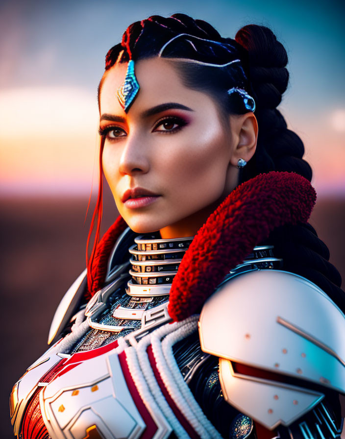 Braided hair woman in futuristic warrior attire with metallic armor and red collar at sunset