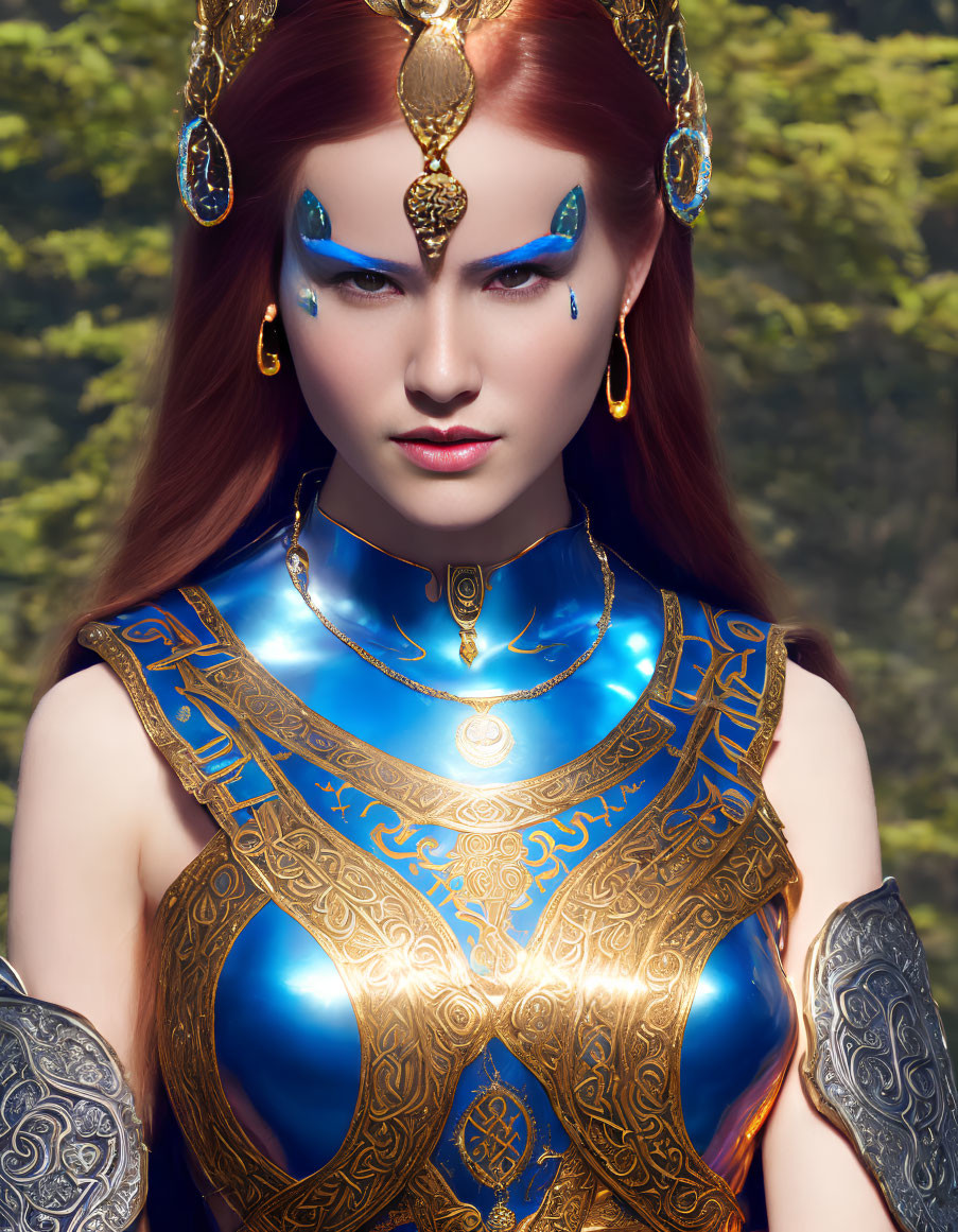 Regal woman digital artwork in ornate blue-gold armor
