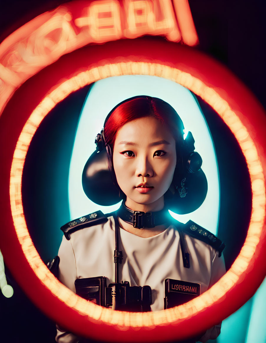 Futuristic woman in neon circle with warm and cool light contrast