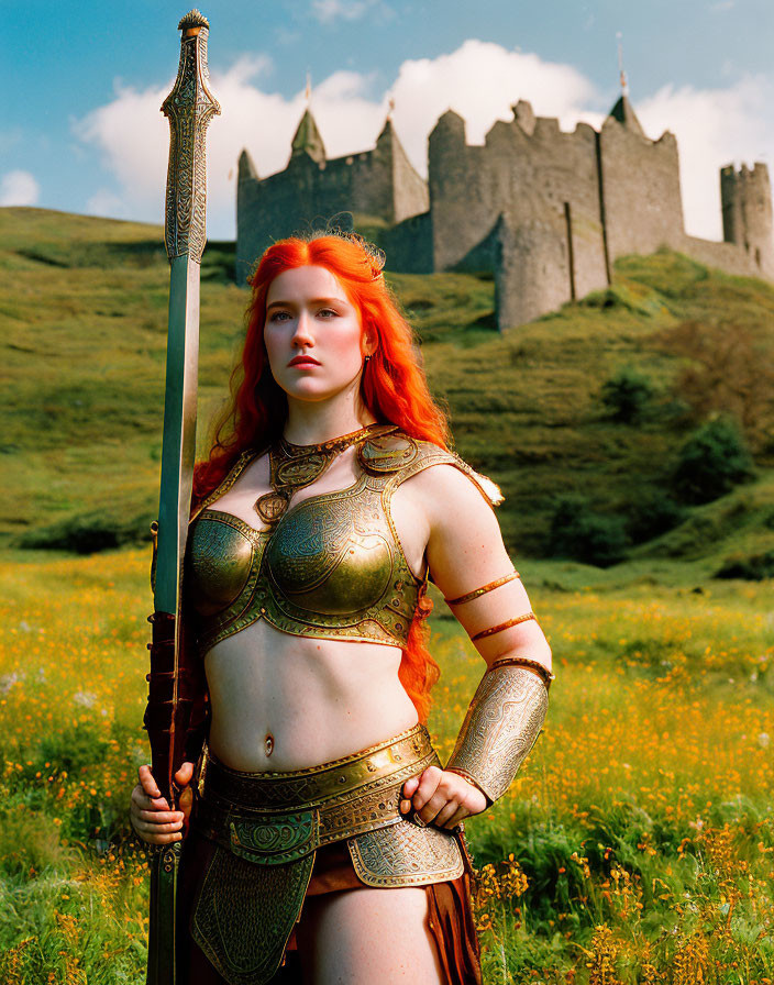 Red-Haired Woman in Medieval Armor with Spear in Grassy Field