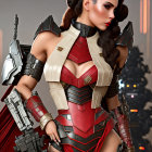 Futuristic digital artwork of woman in red and black armor with floral motif